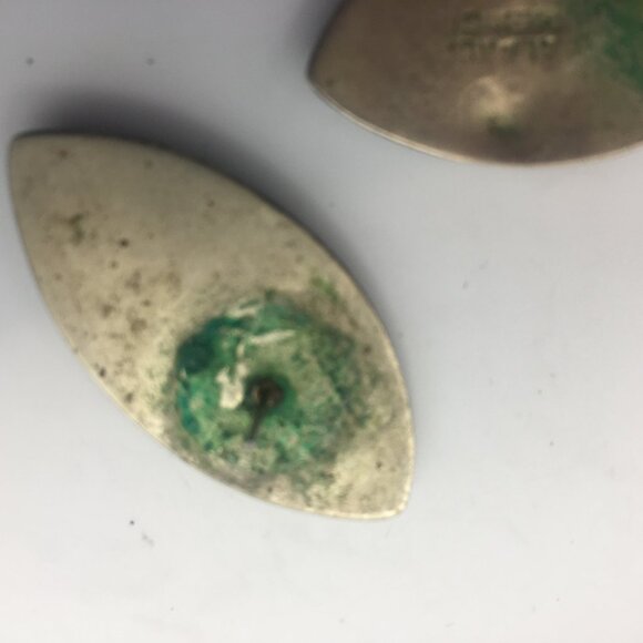 Vintage Alpaca Silver Genuine Purple Abalone Leaf Shape Stud Earrings Mexico 1" - Picture 11 of 12